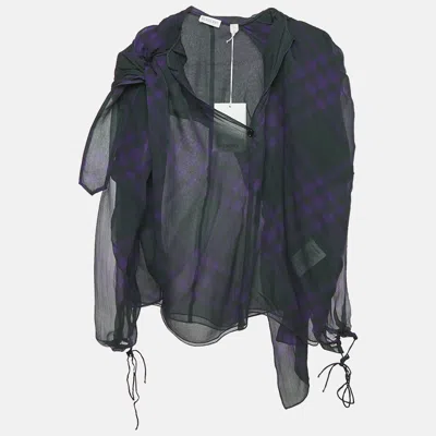 Pre-owned Burberry Dark Green/purple Tartan Print Silk Long Sleeve Blouse S