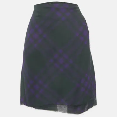 Pre-owned Burberry Dark Green/purple Tartan Print Silk Pleated Wrap Skirt M