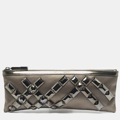 Pre-owned Burberry Dark Grey Satin Crystal Embellished Top Zip Clutch In Gray