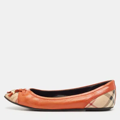 Pre-owned Burberry Dark Orange Leather And Coated Canvas Bow Toe Cap Ballet Flats Size 37.5