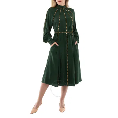Burberry Dark Pine Green Jasmine Silk Crystal Embellished Dress