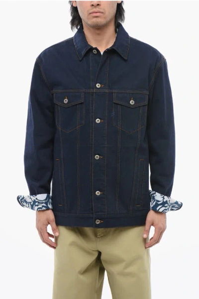 BURBERRY DARK WASHED DENIM JACKET WITH PRINTED CUFFS