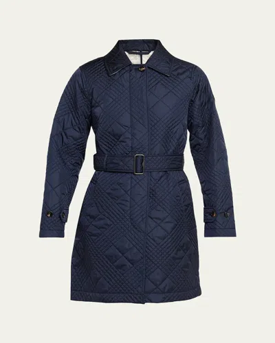 Burberry Darliston Check Quilted Coat With Belt In Blue