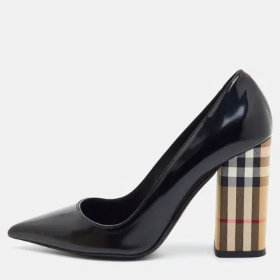 Pre-owned Burberry Dashwood Size 38.5 Black Leather And Check Canvas Block Heel Pumps