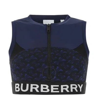 Burberry Deep Royal Blue Monogram Print Stretch Jersey Cropped Top