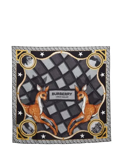 Pre-owned Burberry Deer-print Silk Scarf In Black