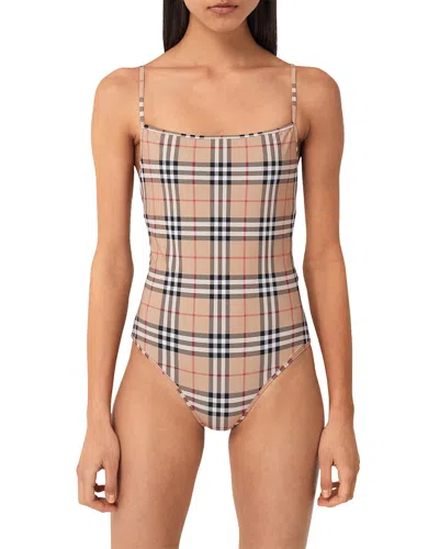 Burberry Delia Plaid-print One-piece Swimsuit In Archive Beige Ip Chk