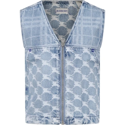 Burberry Kids' Denim Vest For Girl With Iconic Check And All-over Logo In Blue