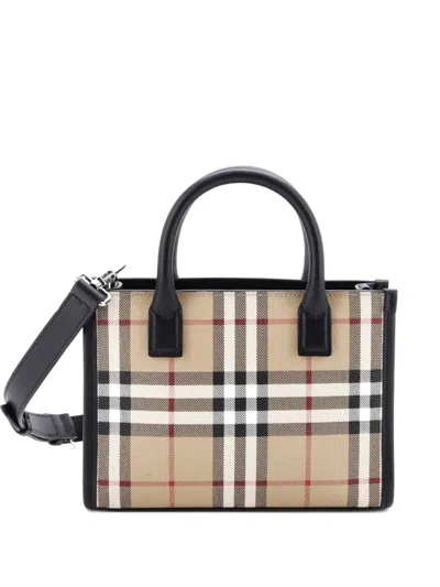 Pre-owned Burberry Denny House Check Canvas Mini Tote Bag In Brown