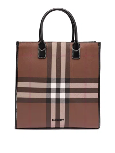Burberry Denny Checked Tote Bag In Brown