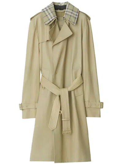 Burberry Leather Trench Coat With Check Collar In Hunter