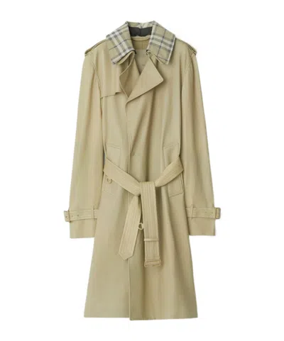 Burberry Leather Trench Coat With Check Collar In Hunter