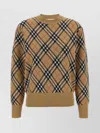 Burberry Plaid Crewneck Sweater With Ribbed Trims In Brown