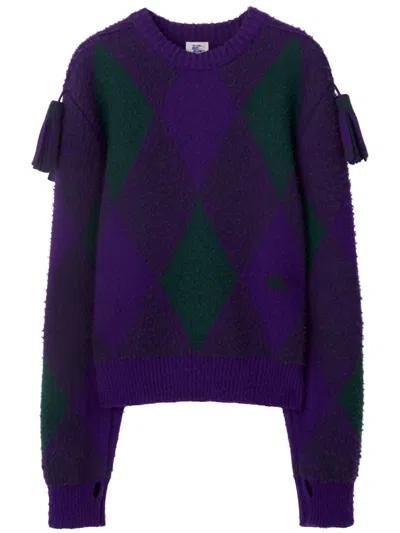 Burberry Wool Sweater With Jacquard Processing In Blue