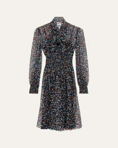 Burberry Disty Floral-print Silk Creponne Bow-neck Long-sleeve Dress In Black