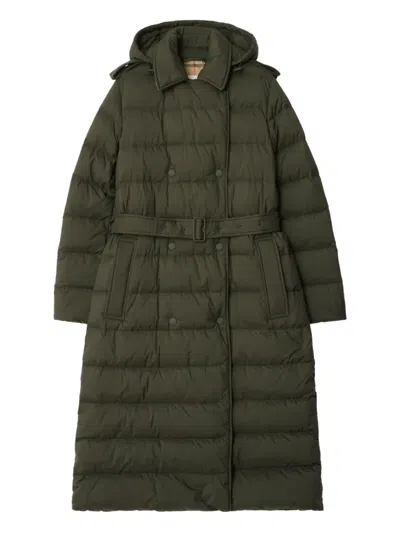 Burberry Dark Green Double-breasted Padded Coat With Belt Women In Multi