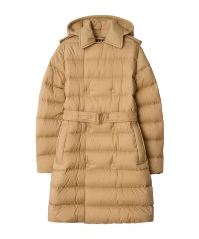 Burberry Double Breasted Belted Hooded Puffer Coat In Brown