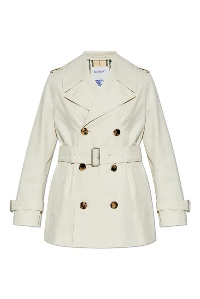 Burberry Double Breasted Belted Short Trench Coat In Beige