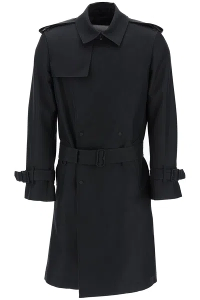 Burberry Double Breasted Silk Blend Trench Coat In Black