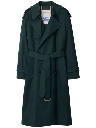 Burberry Double Breasted Belted Long Trench Coat In Green