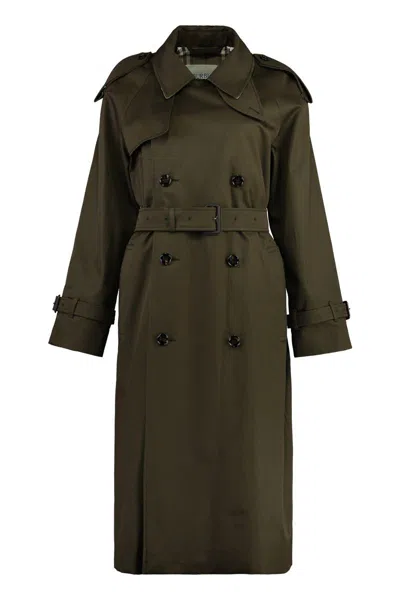 Burberry Belted Waist Double-breasted Jacket Epaulettes In Green