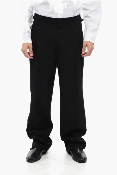 Burberry Double-pleated Wool Pants With Side Satin Bands In Black