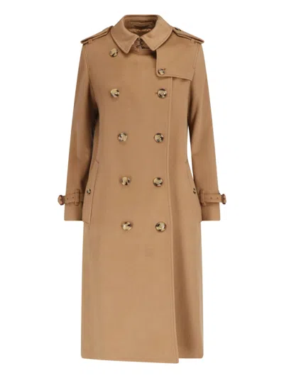 Burberry Double-breasted Long Cashmere Coat In Brown