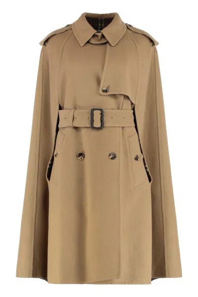 Burberry Double-faced Wool Trench Jacket With Belt And B-shaped Buckle In Neutral