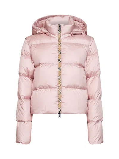 Burberry Check Hooded Down Jacket In Pink
