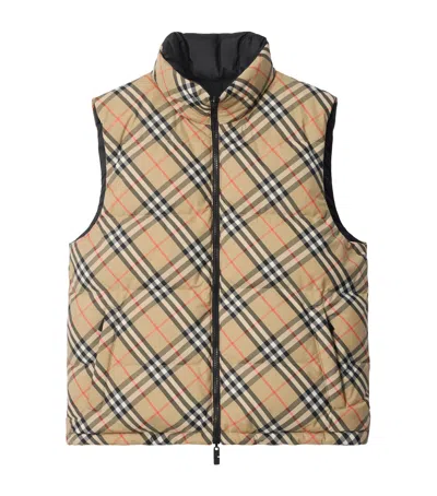 Burberry Beige Sleeveless Reversible Down Jacket With High Neck And All-over Check Motif In Tech Fabric Man In Neutral