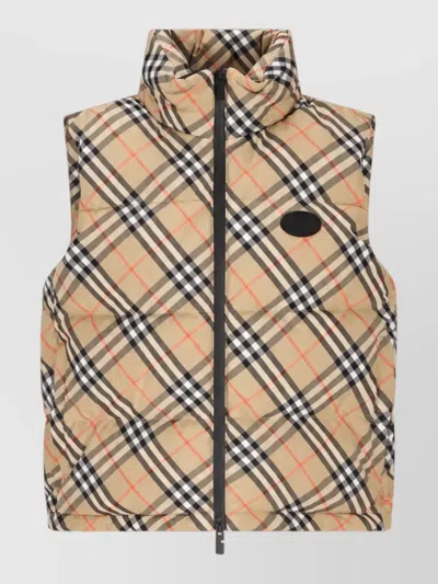 Burberry Down Sleeveless Check Puffer Vest In Neutral