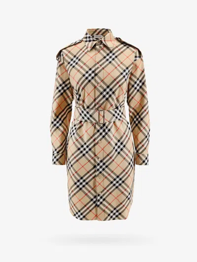 Burberry Chemisier Cotton Short Dress With Check Print In Nude