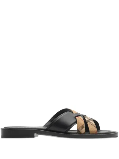Burberry Drift Crossover Check Leather Sandals In Black