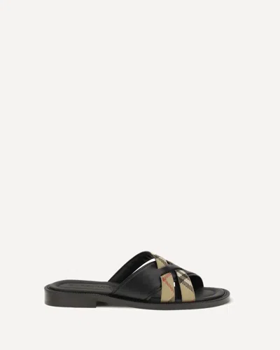 Burberry Men Drift Leather And Check Sandals In Black