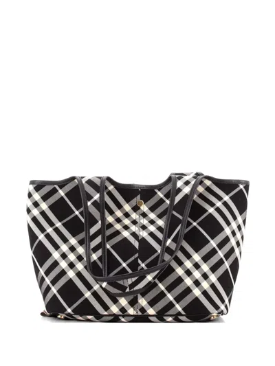 Pre-owned Burberry East-west Vintage Check Canvas Small Tote Bag In Black
