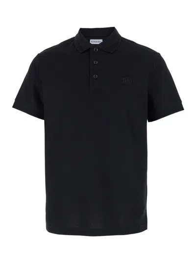 BURBERRY BLACK POLO SHIRT WITH TONAL TB EMBROIDERY IN COTTON MAN