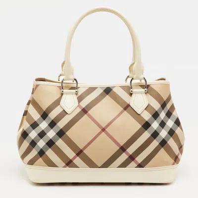 Pre-owned Burberry Eden Beige/white Nova Check Pvc And Patent Leather Tote In Sand