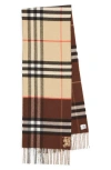 Burberry Ekd Check Reversible Double Face Cashmere Fringe Scarf In Brown