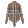 Burberry Ekd Check Stretch Tulle Turtleneck Bodysuit In Brown
