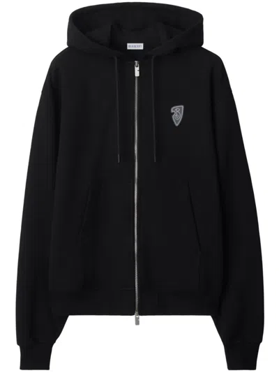 Burberry Ekd Motif Zip-up Drawstring Hoodie In Black