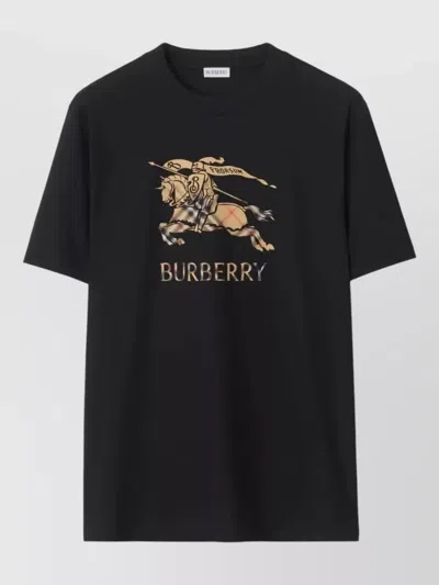 Burberry Men Black Crewneck T-shirt With Ekd And Logo Lettering Embroidery On The Front In Cotton Ma