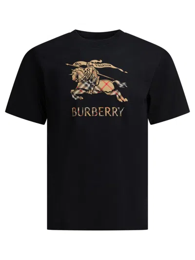 Burberry Men Black Crewneck T-shirt With Ekd And Logo Lettering Embroidery On The Front In Cotton Ma