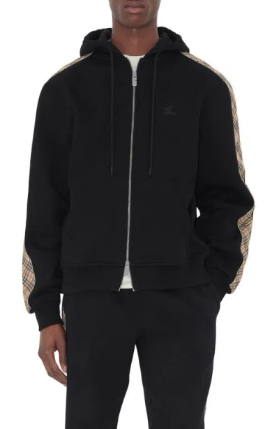 Burberry Ekd Embroidered Check Trim French Terry Full Zip Hoodie In Black