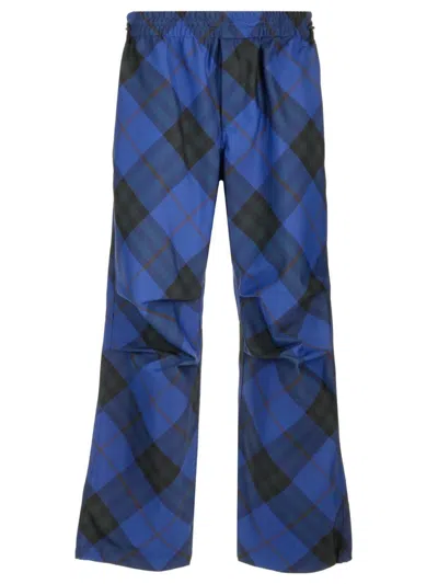 Burberry Ekd-embroidered Straight-leg Checkered Twill Trousers In Blue