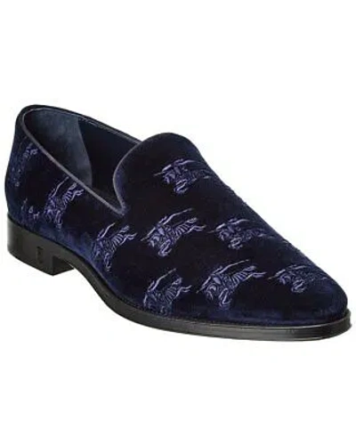Pre-owned Burberry Ekd Embroidered Velvet Loafer Men's In Blue