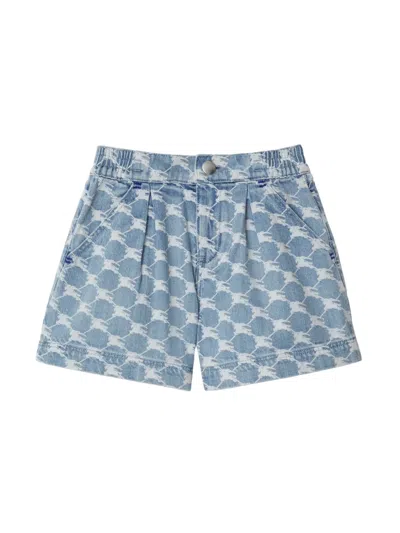 Burberry Kids' Denim Shorts For Girl With Iconic All-over Logo. In Blue