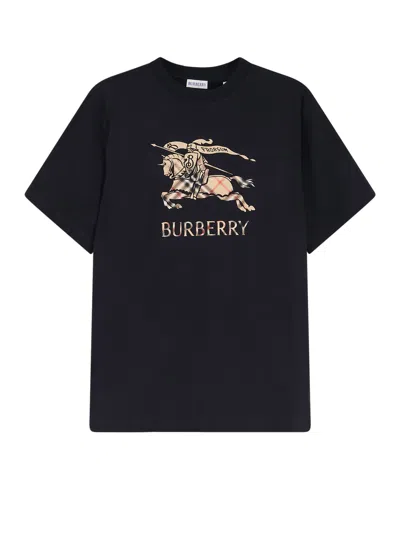 Burberry Men Black Crewneck T-shirt With Ekd And Logo Lettering Embroidery On The Front In Cotton Ma