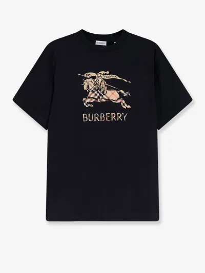 Burberry Men Black Crewneck T-shirt With Ekd And Logo Lettering Embroidery On The Front In Cotton Ma