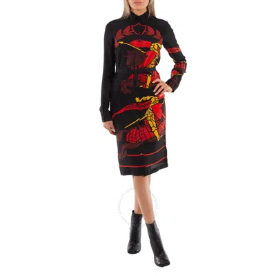 Burberry Ekd Print Belted Silk Midi Shirt Dress In Red