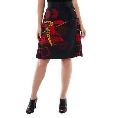 Pre-owned Burberry Ekd Print Belted Silk Skirt In Red